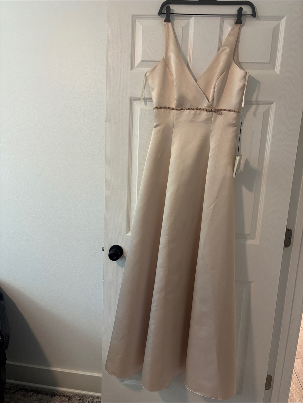 Champagne Satin Evening Dress with Beaded Waist